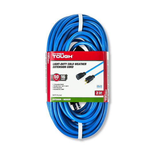 Hyper Tough 50-Foot 16-Gauge Indoor/Outdoor Light-Duty Cold Weather Extension Cord, Blue