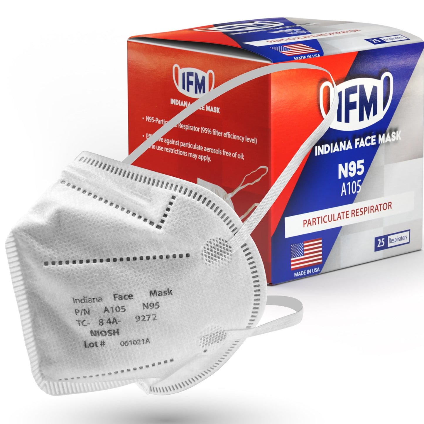 IFM INDIANA FACE MASK N95 Respirator Masks | Box of 25 | NIOSH APPROVED N95 | Made in USA | Particulate Respirator >95% | Individually Wrapped | Universal Fit | Certified Particulate Respira