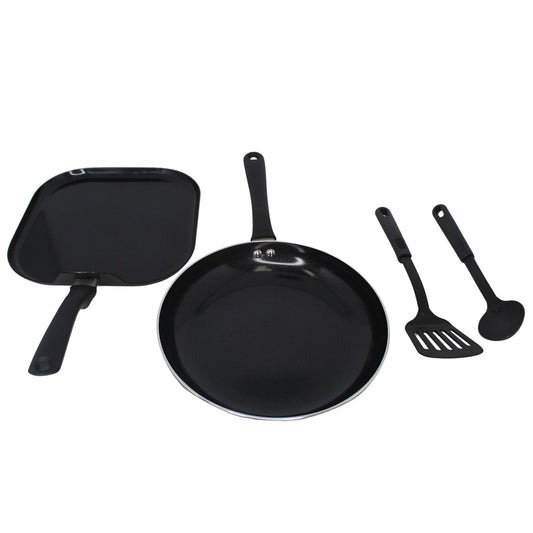 Imusa 4 Piece Ceramic 10" Fry Pan and 10.5" Griddle Set with Cooking Tools