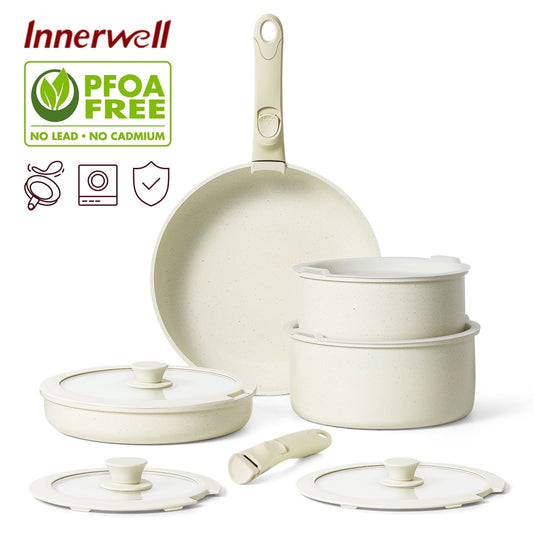 Innnerwell 11pcs Nonstick Cookware Pots and Pans Set Detachable Handle Induction RV Kitchen Set with Removable Handle