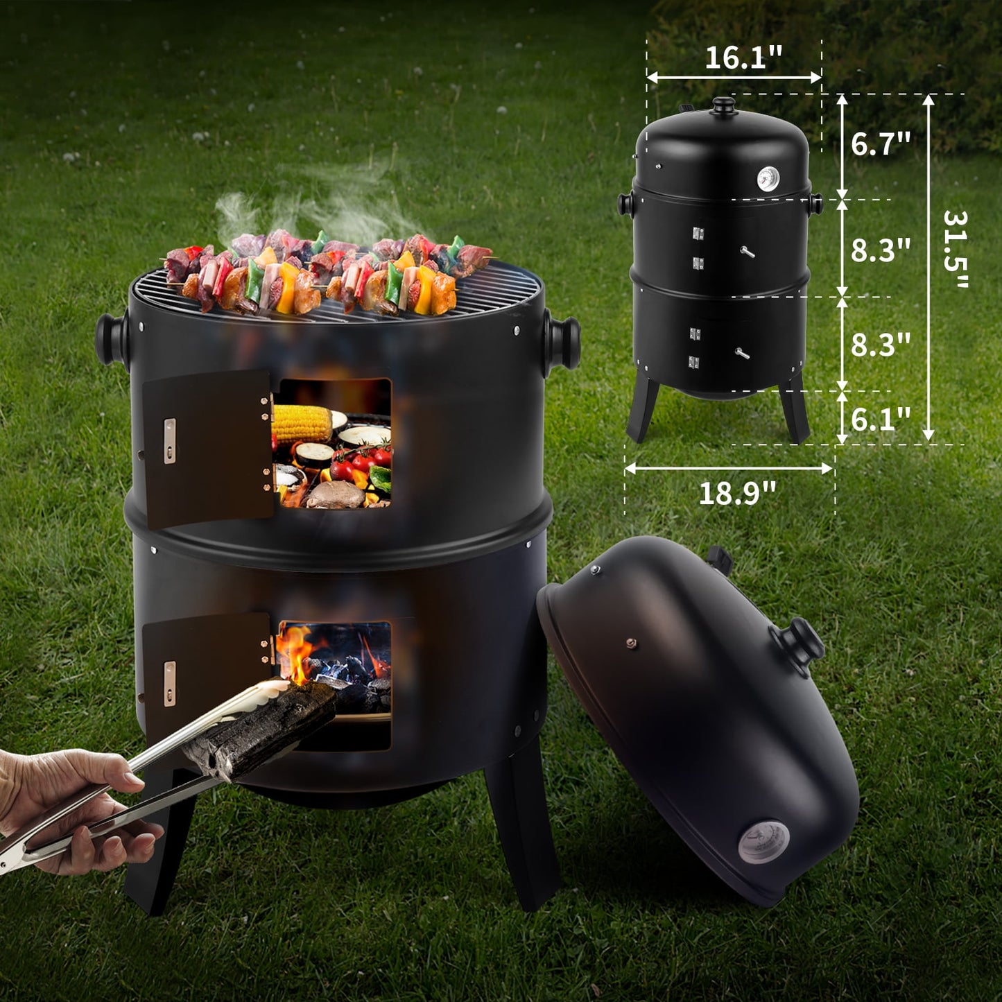 Iron Carbon Grill with Smoker and Large Cooking Area, Ideal for Outdoor BBQ, 80*41*48cm, Black