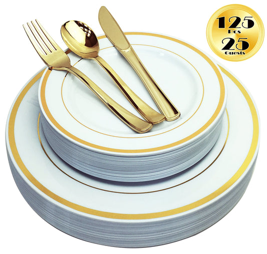 125 Piece Gold Plastic Plates & Cutlery Set - Reusable & Recyclable - Gold Rim Plates & Silverware for Weddings, Anniversaries, Showers, Parties - Dinner Plates, Salad Plates, Utensils, 25 Each