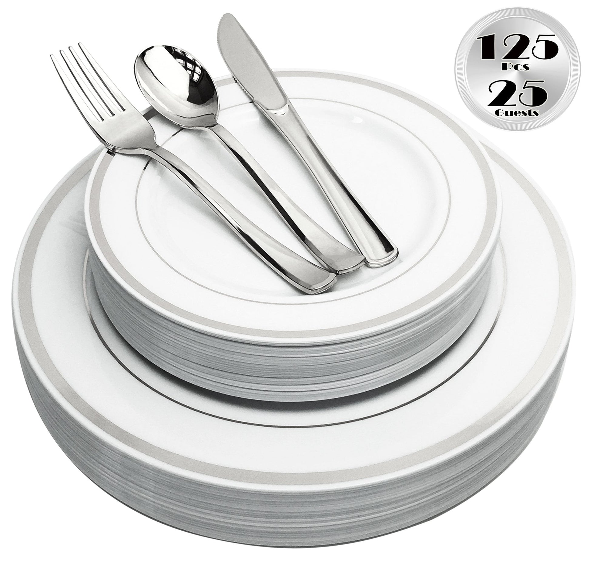 JL Prime 125 Piece Silver Plastic Plates & Cutlery Set, Heavy Duty Disposable Plastic Plates with Silver Rim & Silverware, 25 Dinner Plates, 25 Salad Plates, 25 Forks, 25 Knives, 25 Spoons