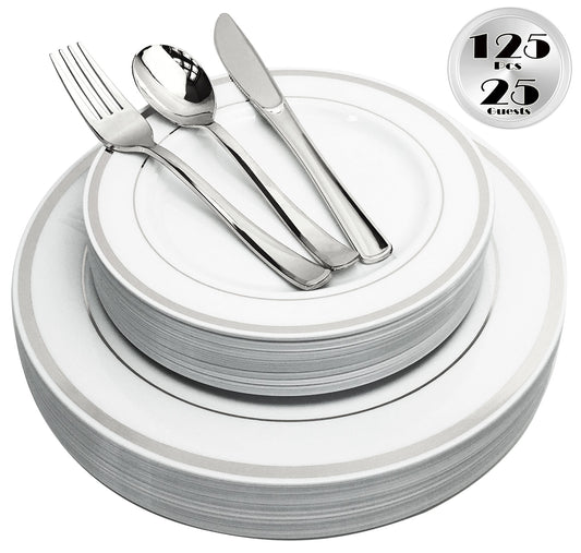 JL Prime 125 Piece Silver Plastic Plates & Cutlery Set, Heavy Duty Disposable Plastic Plates with Silver Rim & Silverware, 25 Dinner Plates, 25 Salad Plates, 25 Forks, 25 Knives, 25 Spoons