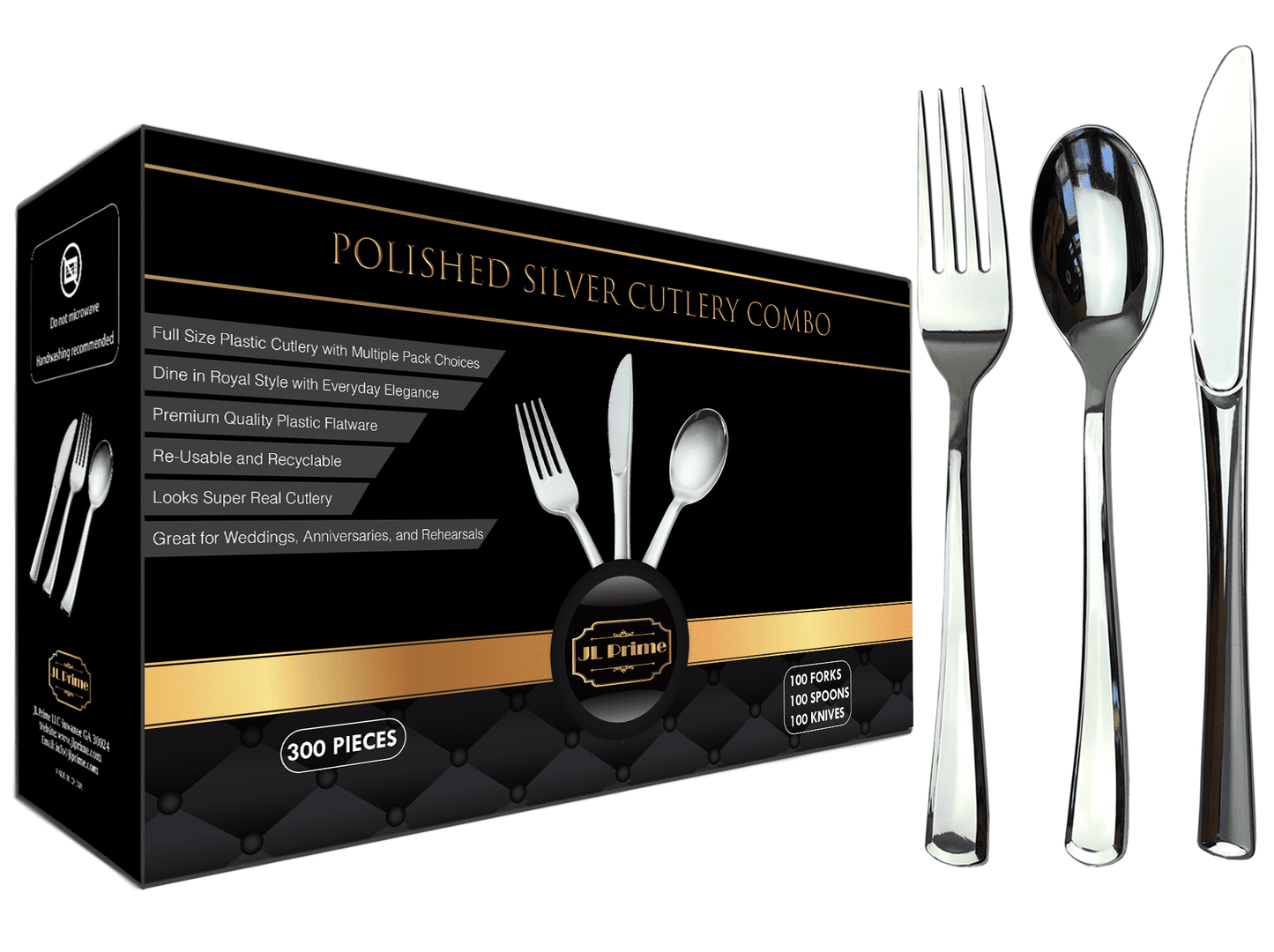 300 Piece Silver Plastic Silverware Set - Reusable & Recyclable - Silver Plastic Utensils for Weddings, Anniversaries, Showers, Parties - 100 Forks, 100 Spoons, 100 Knives - Cutlery by JL Prime