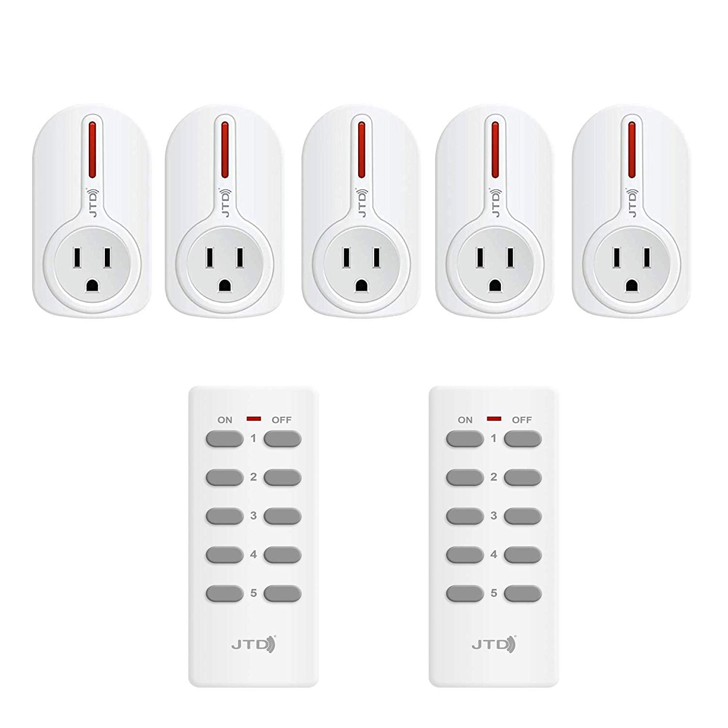 JTD 5 Pack Remote Control Outlet Switch 3rd Generation Energy Saving Auto-programmable Wireless Electrical Plug Switch for Household Appliances Lighting & Electrical Equipment (2 Remotes)