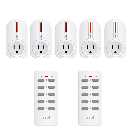 JTD 5 Pack Remote Control Outlet Switch 3rd Generation Energy Saving Auto-programmable Wireless Electrical Plug Switch for Household Appliances Lighting & Electrical Equipment (2 Remotes)