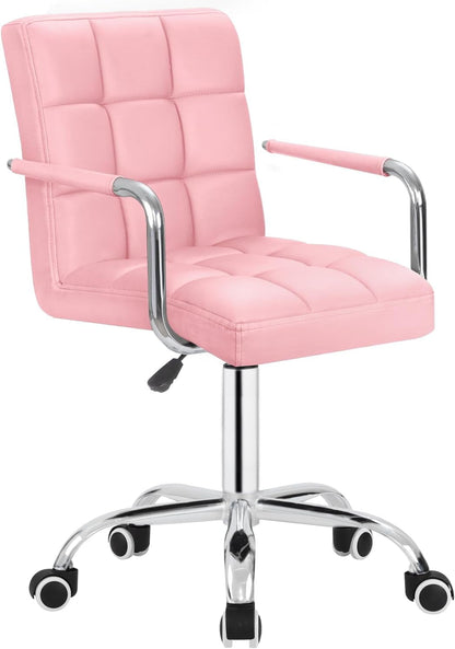 JUMMICO Desk Chair Modern Office Chair with Wheels Vanity Chair PU Leather Mid-back Rolling Chair Cute Chair for Office, Teen, and Bedroom Desks (Pink)