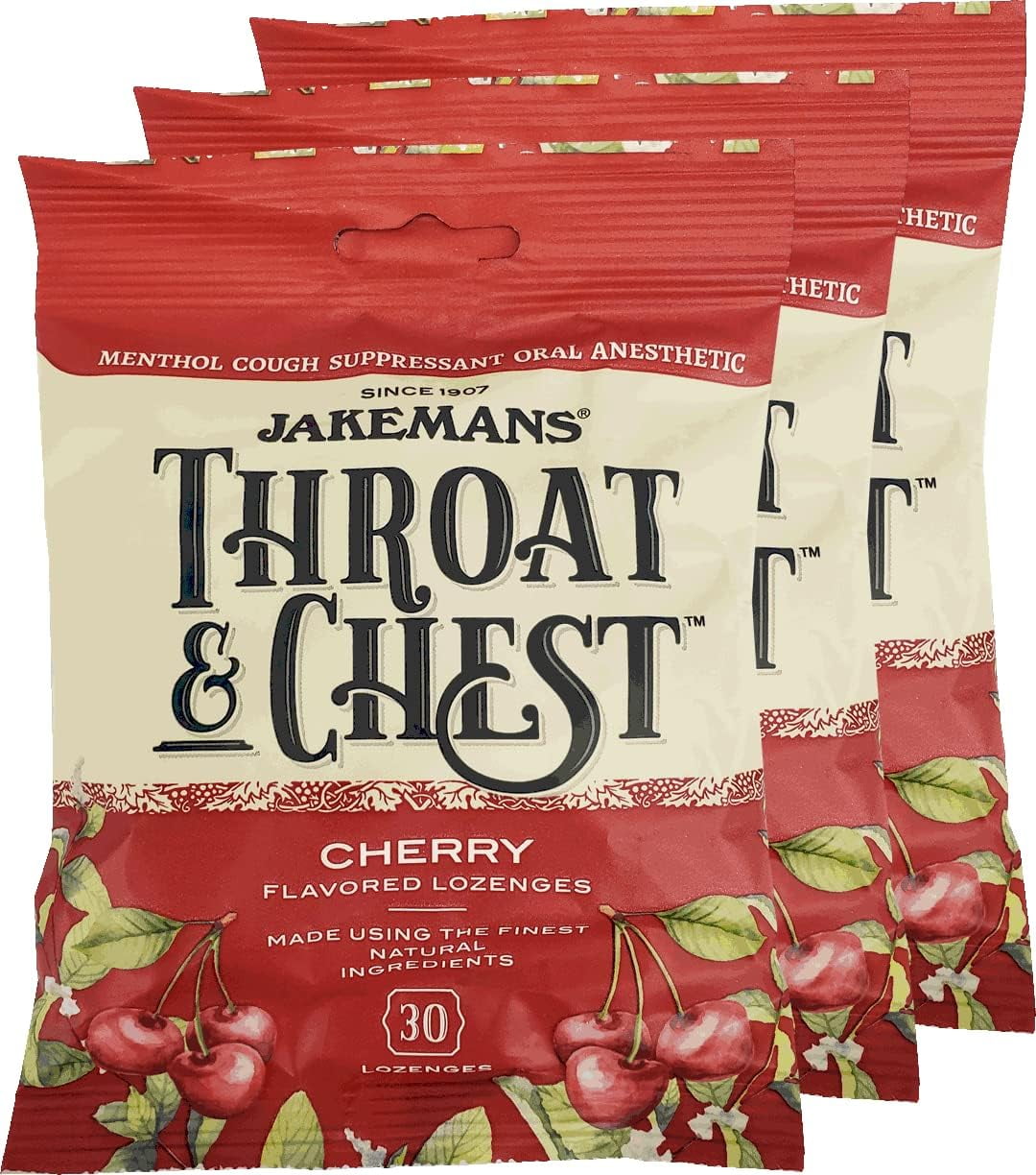 Jakemans Cherry Throat & Chest Lozenges Cough Drops – Cough, Sore Throat and Seasonal Distress Soothing Relief – Liquid Drop Shape – 30 Lozenges (3 Pack)