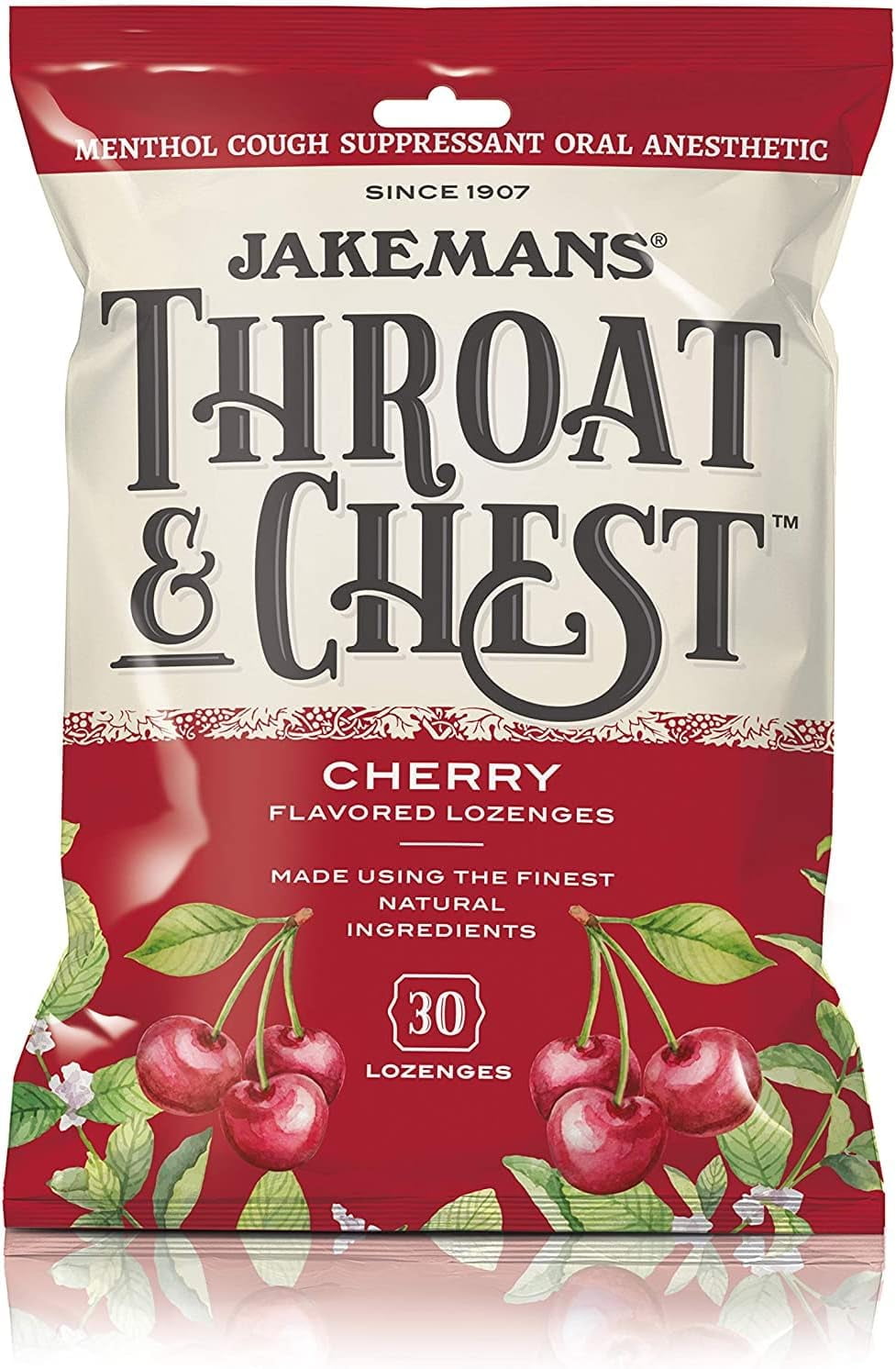 Jakemans Cherry Throat & Chest Lozenges Cough Drops – Cough, Sore Throat and Seasonal Distress Soothing Relief – Liquid Drop Shape – 30 Lozenges