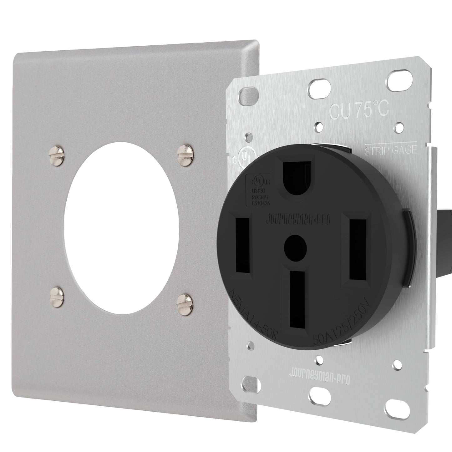 Journeyman-Pro NEMA 14-50 Commercial, Industrial Grade U.L. Approved 50 AMP 240V Receptacle w/ 2-Gang Stainless Steel Cover | 50A Wall Range Outlet,EV,RV, 125/250V (Black w/2-Gang SS Cover)