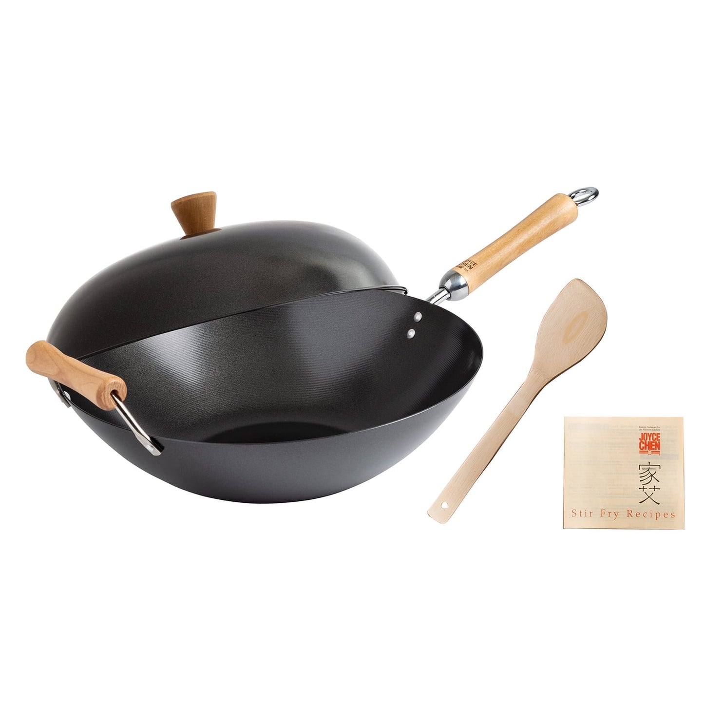 Joyce Chen Classic Series 4-Piece Carbon Steel Nonstick Wok Set with Lid and Birch Handles, Black