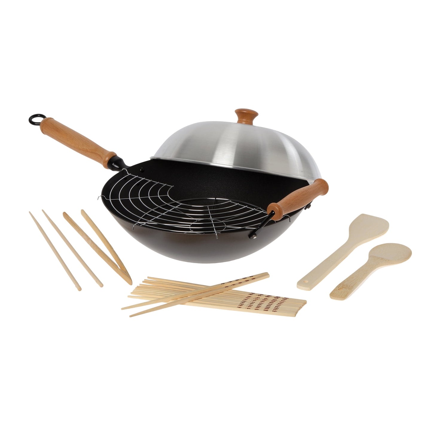 Joyce Chen J22-9938 Professional Series Carbon Steel Nonstick Wok Set with Lid and Maple Handles, 10 Pieces, 14-In.