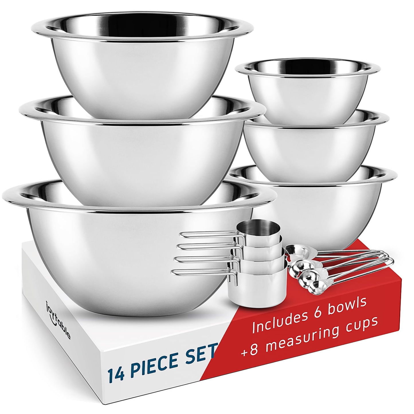 Joytable Premium Stainless Steel 6pc Mixing Bowls with Measuring Cup Set, Nesting Mixing Bowls