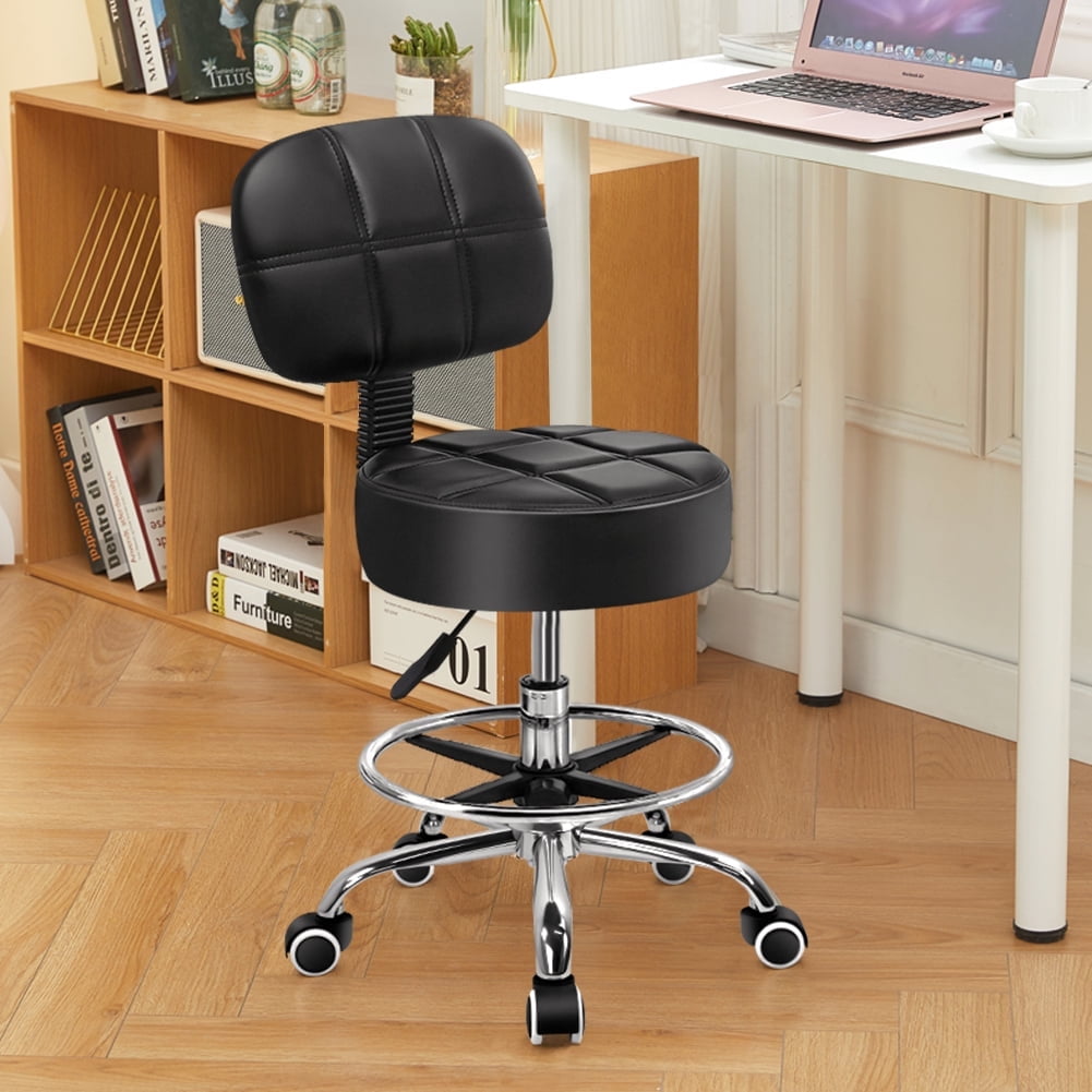 KKTONER Round Drafting Office Chair Swivel Stool with Back Adjustable Foot Rest Rolling Stool with Wheels Thick PU Leather Black Task Chair