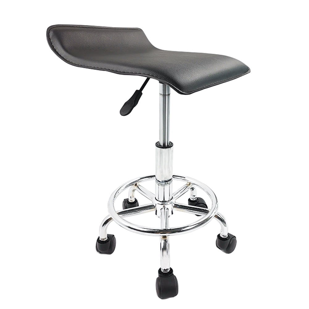 KKTONER Square Height Adjustable Rolling Stool with Foot Rest PU Leather Seat Cushion Medical Spa Drafting Salon Tattoo Work Swivel Office Stools Task Chair (Black)