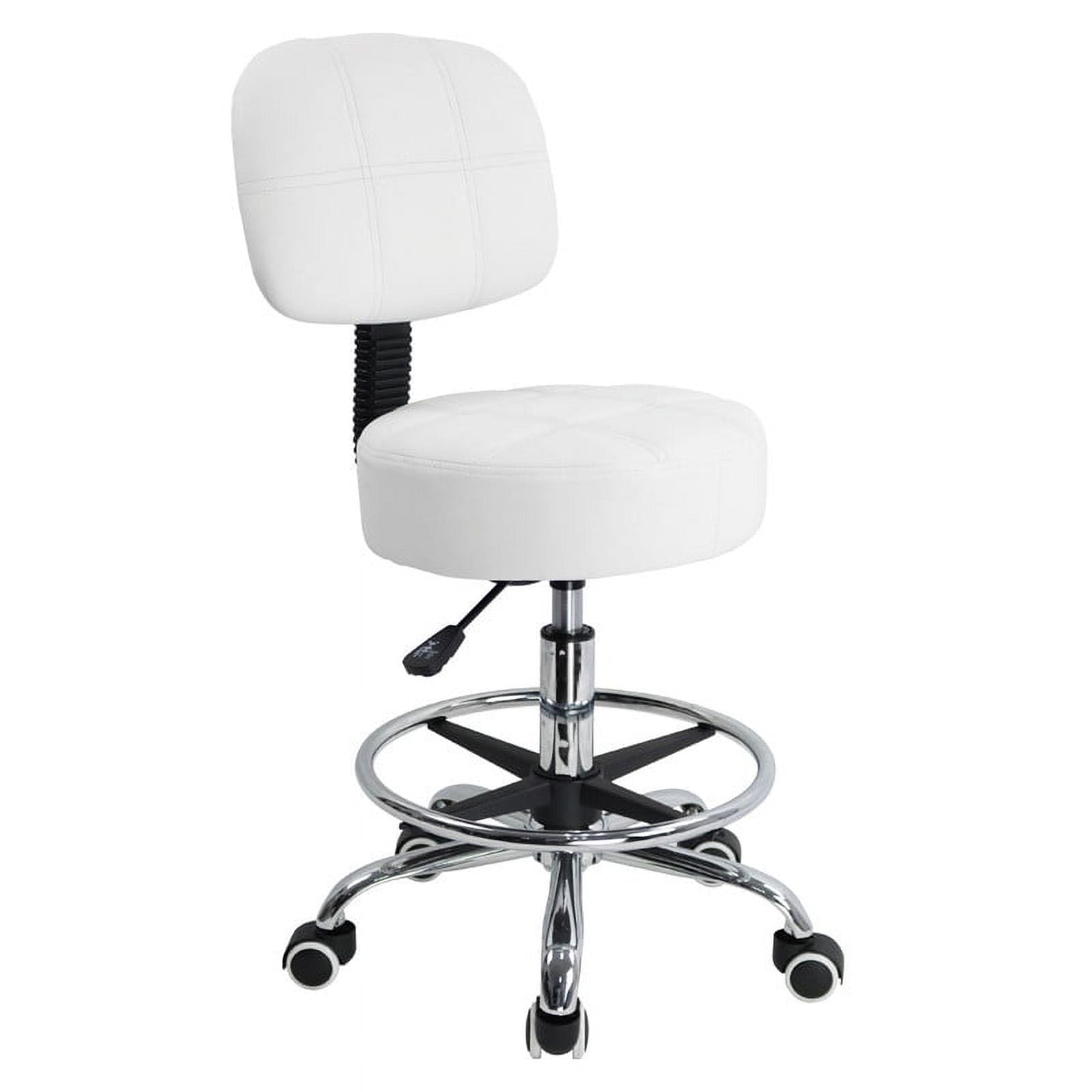 KKTONER Swivel Round Rolling Stool PU Leather with Adjustable Foot Rest, Height Adjustable Task Work Drafting Chair with Back (White)