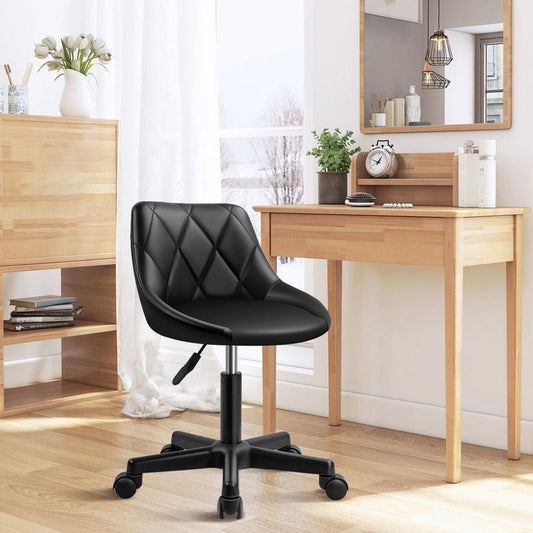 KKTONER Vanity Chair with Rhombus Mid Back on Wheels Office Chair Modern Black PU Leather Rolling Stools for Living Home Task