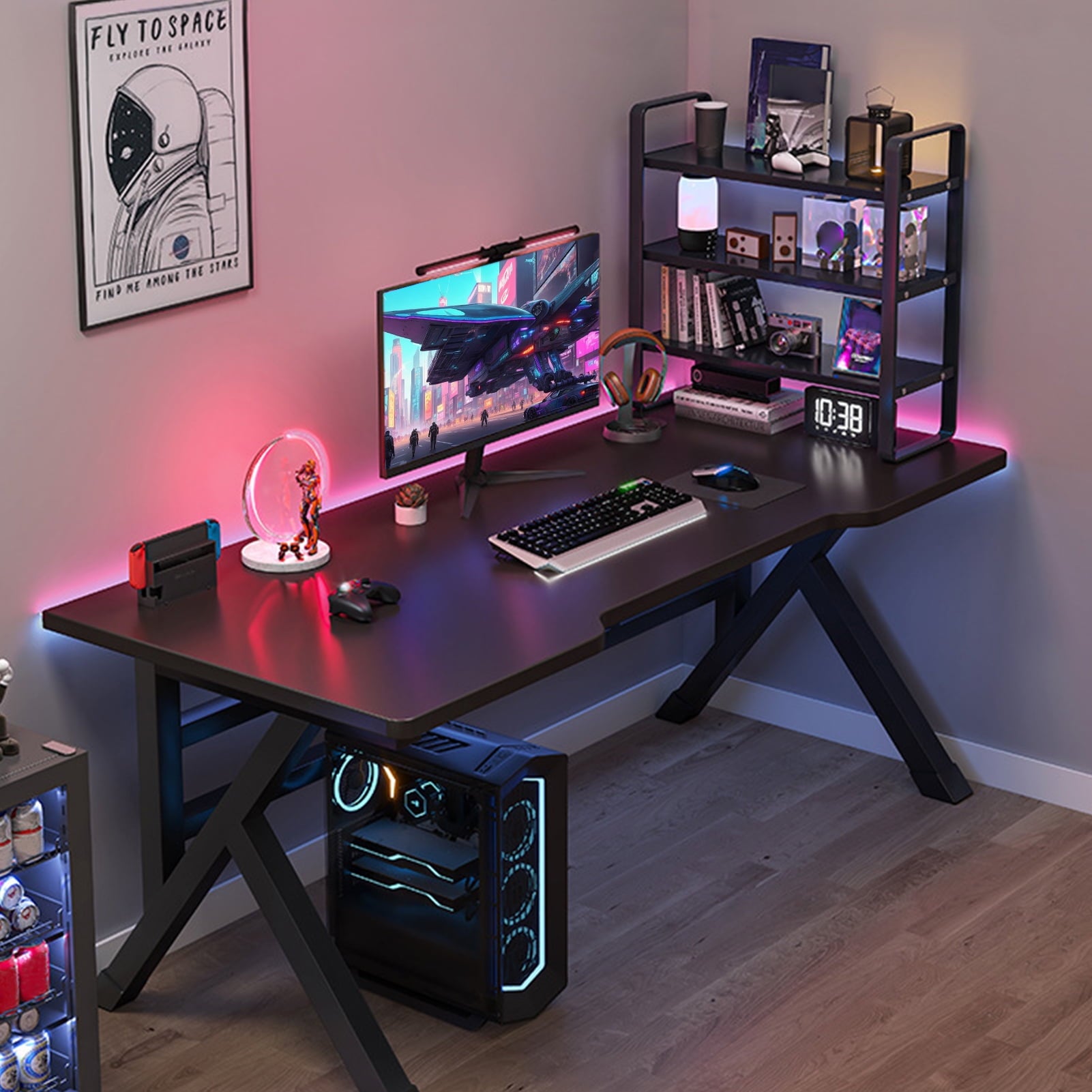 KMSS Gaming Desk Computer Game Table Ergonomic Pc Gaming Workstation Home Office Desks with X-shaped Steel Legs for Teens Gifts