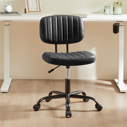 Kadyn Armless Home Office Chair Ergonomic Desk with Comfy Low Back Lumbar Support, Height Adjustable PU Leather Computer Task Chair with 360° Swivel Wheels, for Small Space, Kids and Adults, Black