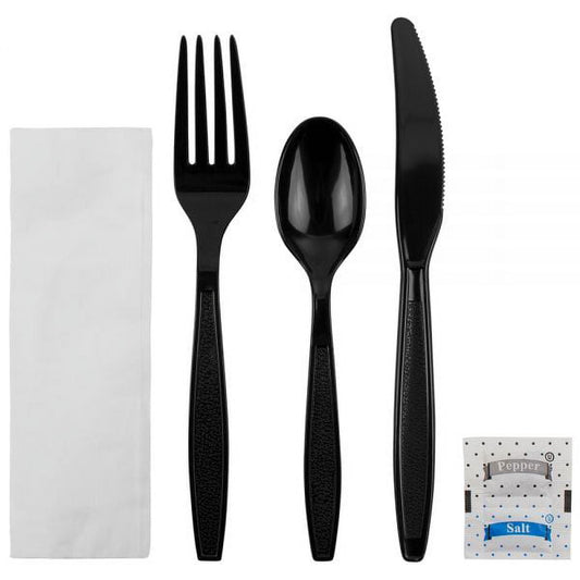 Karat Heavy-Weight Plastic Cutlery Kits, 1250 Pieces (Knife, Fork, Spoon, Napkin, Salt & Pepper), Black, PS, 250 Sets