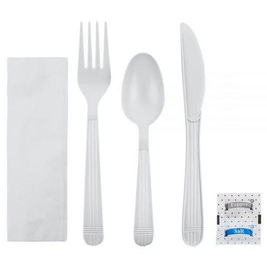 Karat Heavy-Weight Plastic Cutlery Kits, 1250 Pieces (Knife, Spoon, Fork, Napkin, Salt), White, PP, 250 Sets