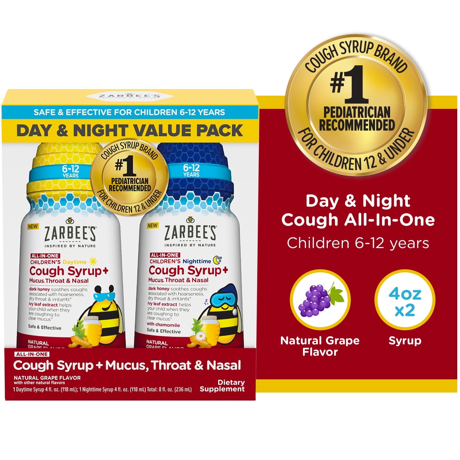 Zarbee's Children's All-In-One Cough Syrup, Day Night Pack, 2x4 fl. oz