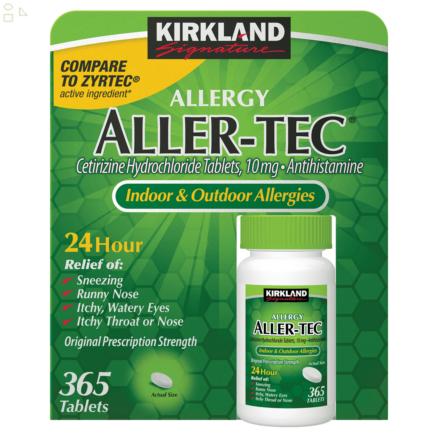 Kirkland Non-Drowsy Cetirizine HCL 10 mg., Antihistamine Allergy Relief 365 Tablets | Compare to Zyrtec&reg; Active Ingredient