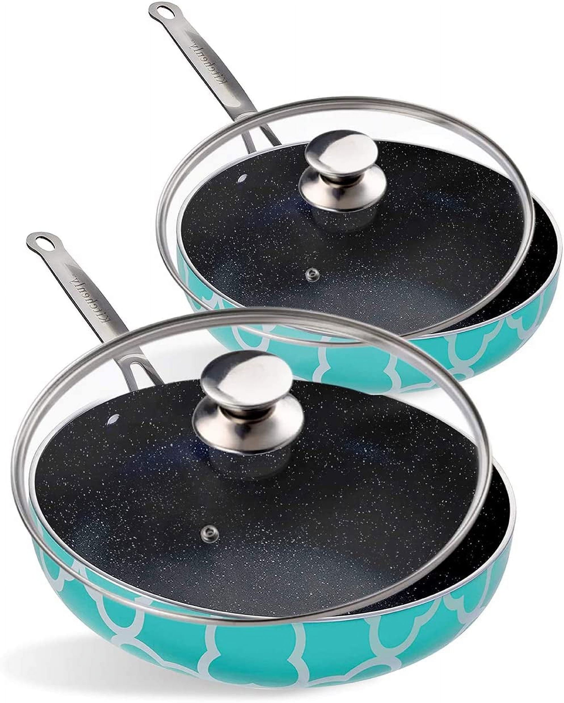 Kitchenly Nonstick Frying Pans with Lids - Granite Frying Pans with Stone Coating | Nonstick Skillet Cooking Pan Set