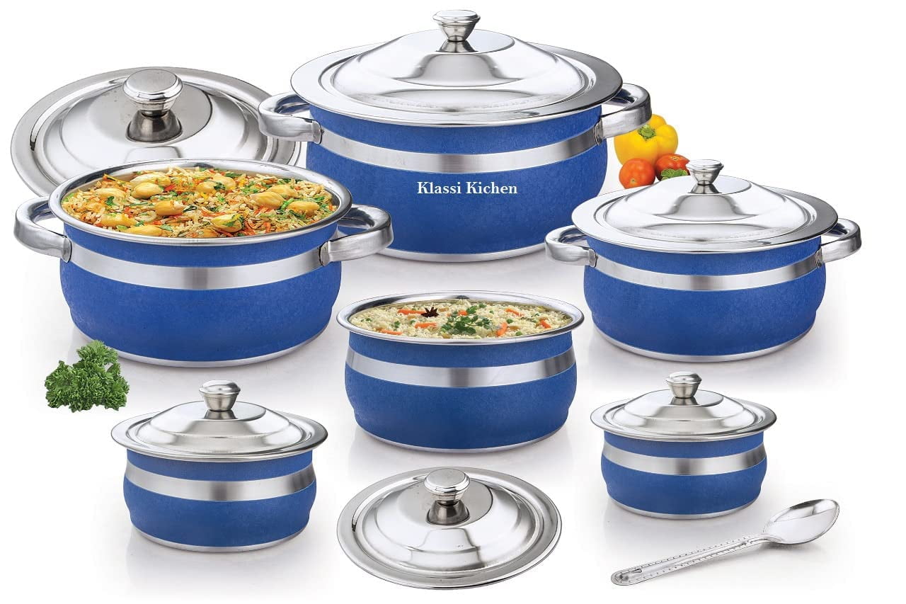 Klassi Kichen Color Cook And Serve Set Of 13Pc Comes With 3 Big Handi And 3 Small Handi With Lids And 1Pc Seving Spoon Induction Bottom Cookware Set (Stainless Steel, 13