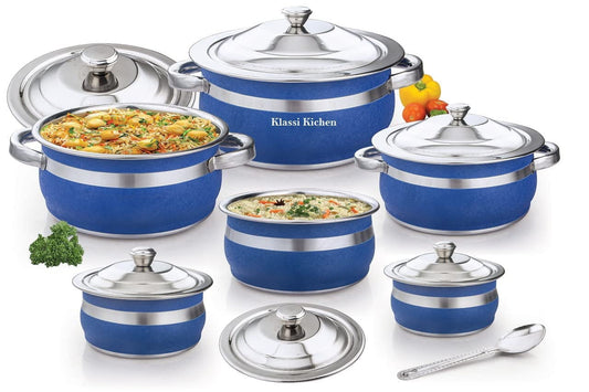 Klassi Kichen Color Cook And Serve Set Of 13Pc Comes With 3 Big Handi And 3 Small Handi With Lids And 1Pc Seving Spoon Induction Bottom Cookware Set (Stainless Steel, 13