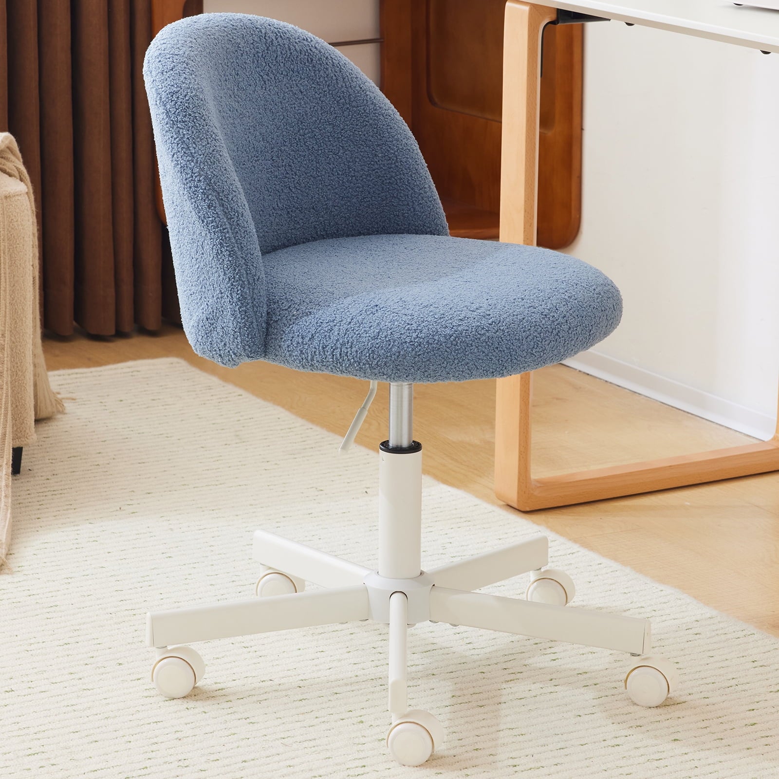 Ktaxon Armless Home Office Desk Chair Cute Mid Back Vanity Stool Teddy Velvet Swivel Task Chairs with Wheels Blue