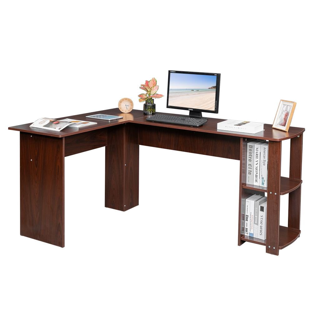 Ktaxon L-Shaped Home Office Wood Corner Desk Computer Desk Laptop Workstation 2-layer Bookshelves Brown