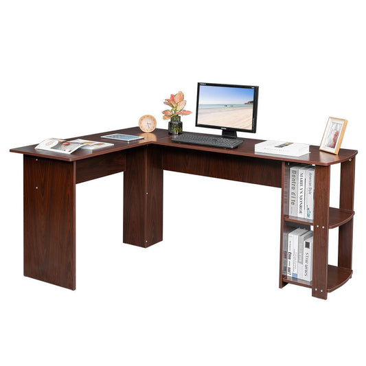 Ktaxon L-Shaped Home Office Wood Corner Desk Computer Desk Laptop Workstation 2-layer Bookshelves Brown