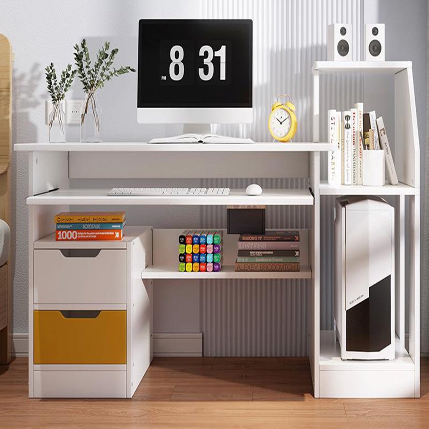 LA TALUS Computer Desk with 2 Drawers and 3 Hutch Shelves, Home Office Desk with Wide Desktop and Keyboard Drawer, Wood Executive Desk Writing Study Table PC Desk for Bedroom, White White