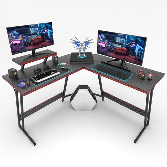 LACOO Gaming Desk L-Shaped Carbon Fiber Surface Gaming Corner Desk Table, Black