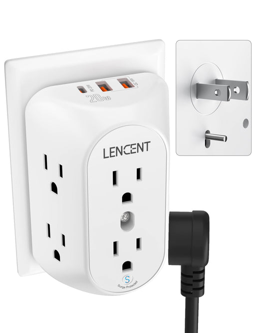 LENCENT 2 Prong Power Strip, 3 to 2 Prong Grounding Outlet Adapter 6 Outlet PD20W &2 USB A Port, 1728J Surge Protector, 3-Sided Wide Spaced Extender, Polarized Plug, Wall Mount for Non-Grounded Outlet