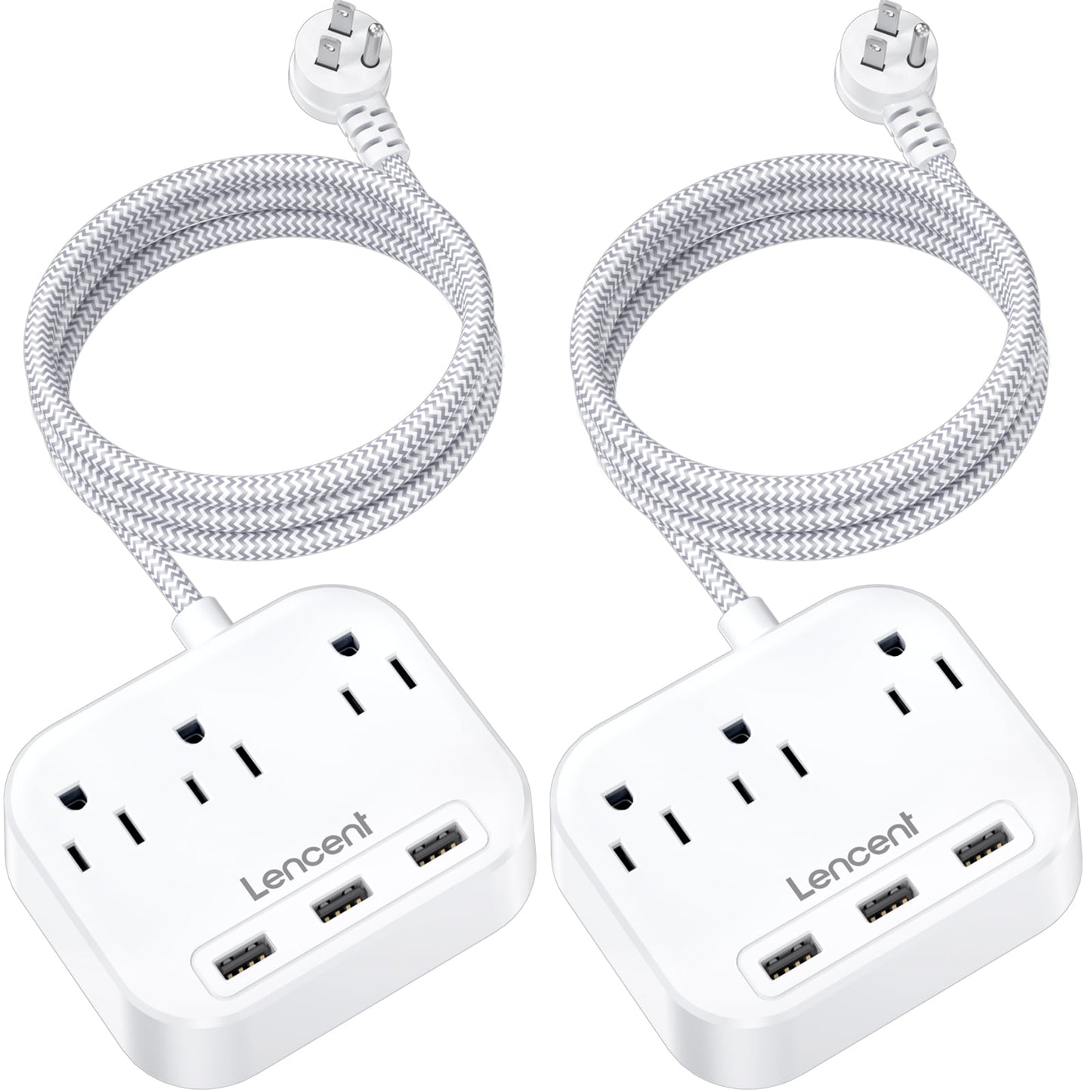 LENCENT Power Strip with 3 Outlet 3 USB Charging Ports (17W/ 3.4A), 6.6ft Braided Extension Cord for indoor, Wall Mountable Electrical Outlets, 3 Prong Outlet Adapter, 2 Pack