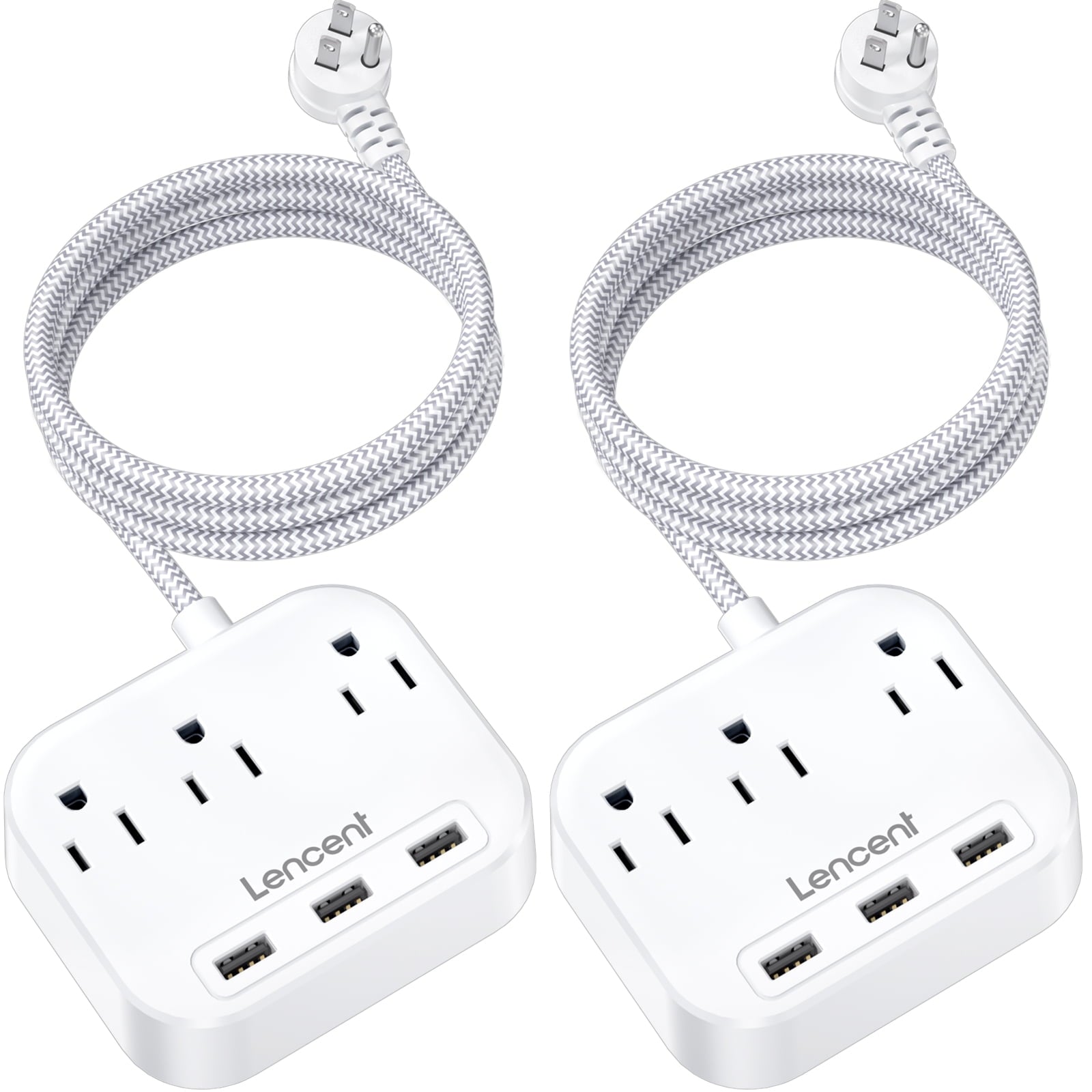 LENCENT Power Strip with 3 Outlet 3 USB Charging Ports (17W/ 3.4A), 6.6ft Braided Extension Cord for indoor, Wall Mountable Electrical Outlets, 3 Prong Outlet Adapter, 2 Pack