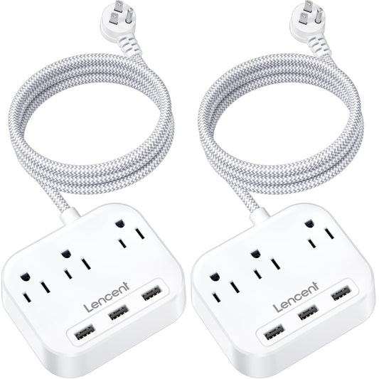 LENCENT Power Strip with 3 Outlet 3 USB Charging Ports (17W/ 3.4A), 6.6ft Braided Extension Cord for indoor, Wall Mountable Electrical Outlets, 3 Prong Outlet Adapter, 2 Pack