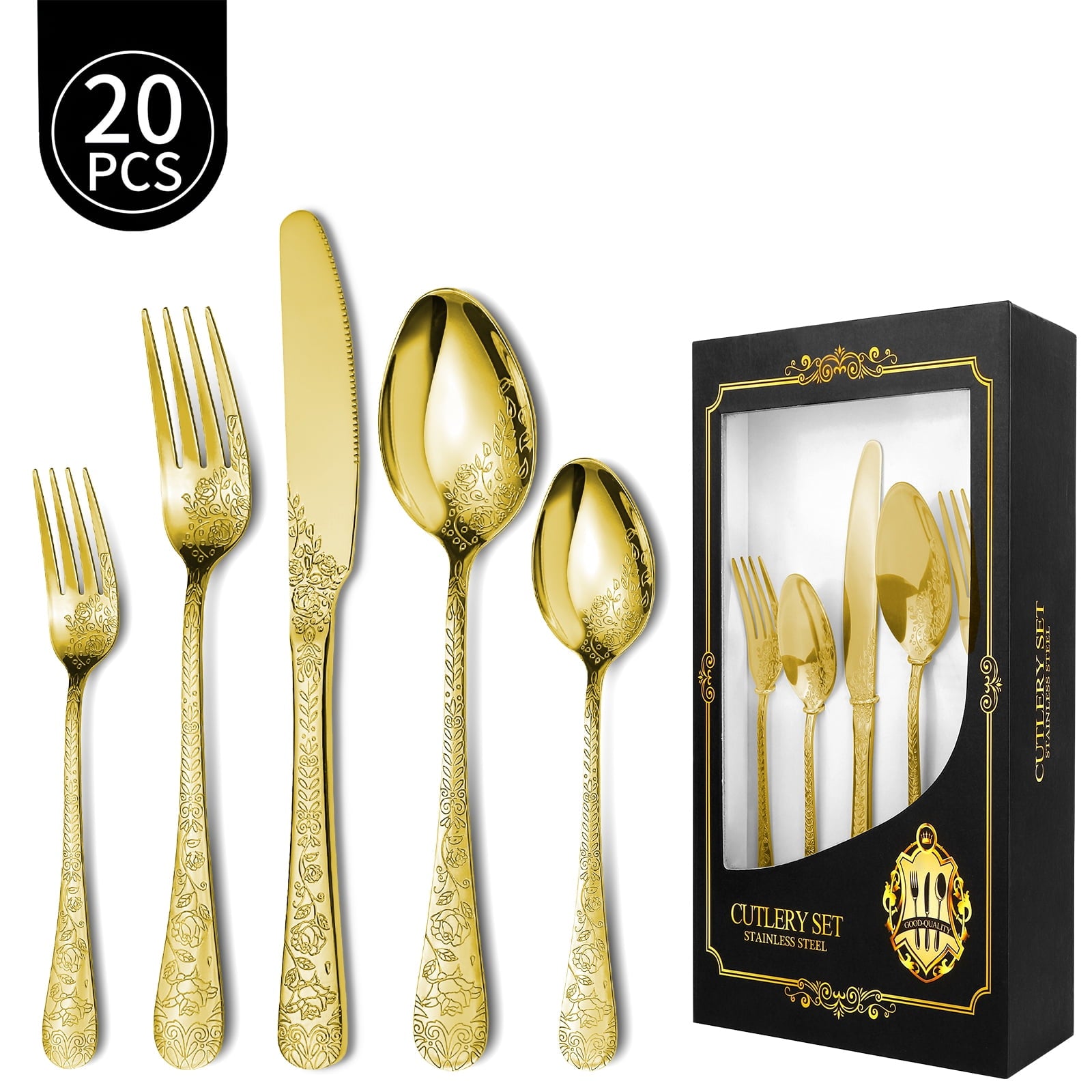 LHCER 20PCS Gold Silverware Set Service for 4, Stainless Steel Titanium Gold Plating Flatware Set, Knives Forks Spoons Tea Forks Teaspoons Kits with Flower Pattern for Kitchen Restaurant Party Gold