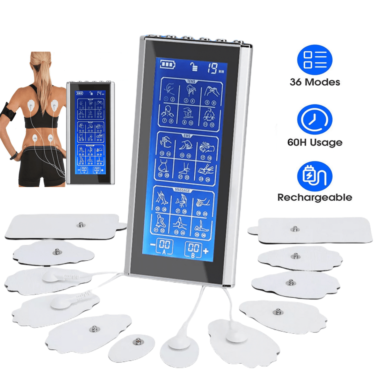 LIYING TENS Unit Rechargeable Muscle Stimulator EMS Dual Channel with 12 Reusable Electrode Pads 36 Modes for Back Neck Pain Muscle Therapy Pain Management Pulse Massager