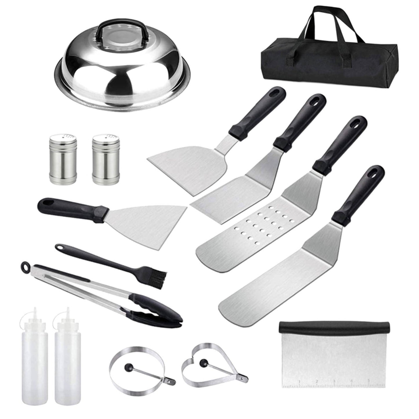 LMEEOR Portable Barbecue Grill Outdoor Griddle Accessories Kit 16pcs Flat Top Grilling Tools Set Stainless Steel Grill BBQ Spatula Kit Cooking Utensils Set with Carry Bag Mini Grill for Outdoor