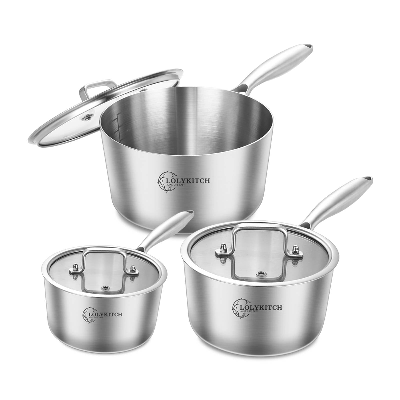 LOLYKITCH Whole Body Tri-Ply Stainless Steel 1.5QT&2.5QT&3.0QT Saucepan set wih Lids 6pcs,Induction Cooking Pots and Pans set,Saucepans,Oven and Dishwasher Safe.(Detachable Handle)