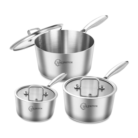 LOLYKITCH Whole Body Tri-Ply Stainless Steel 1.5QT&2.5QT&3.0QT Saucepan set wih Lids 6pcs,Induction Cooking Pots and Pans set,Saucepans,Oven and Dishwasher Safe.(Detachable Handle)