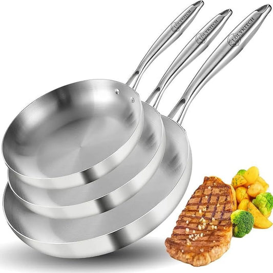 LOLYKITCH Whole Body Tri-Ply Stainless Steel 8-10-12 Inch Chef's Pan,Frying Pan Set, Skillets, Induction Pans, Cookware Set,Dishwasher and Oven Safe.(Detachable Handle)