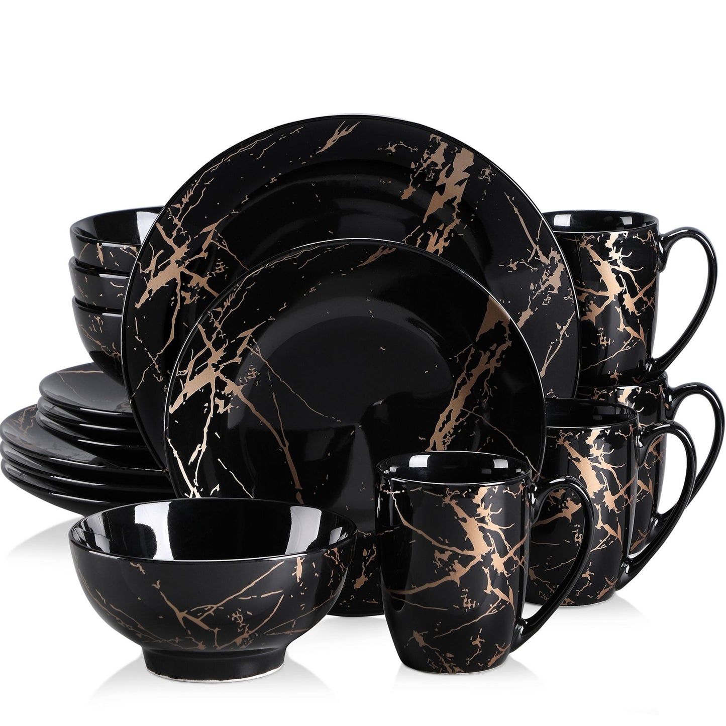 LOVECASA Dinnerware Sets, Porcelain Dinner Set for 4, 16-Piece Round Black, Series Sweet