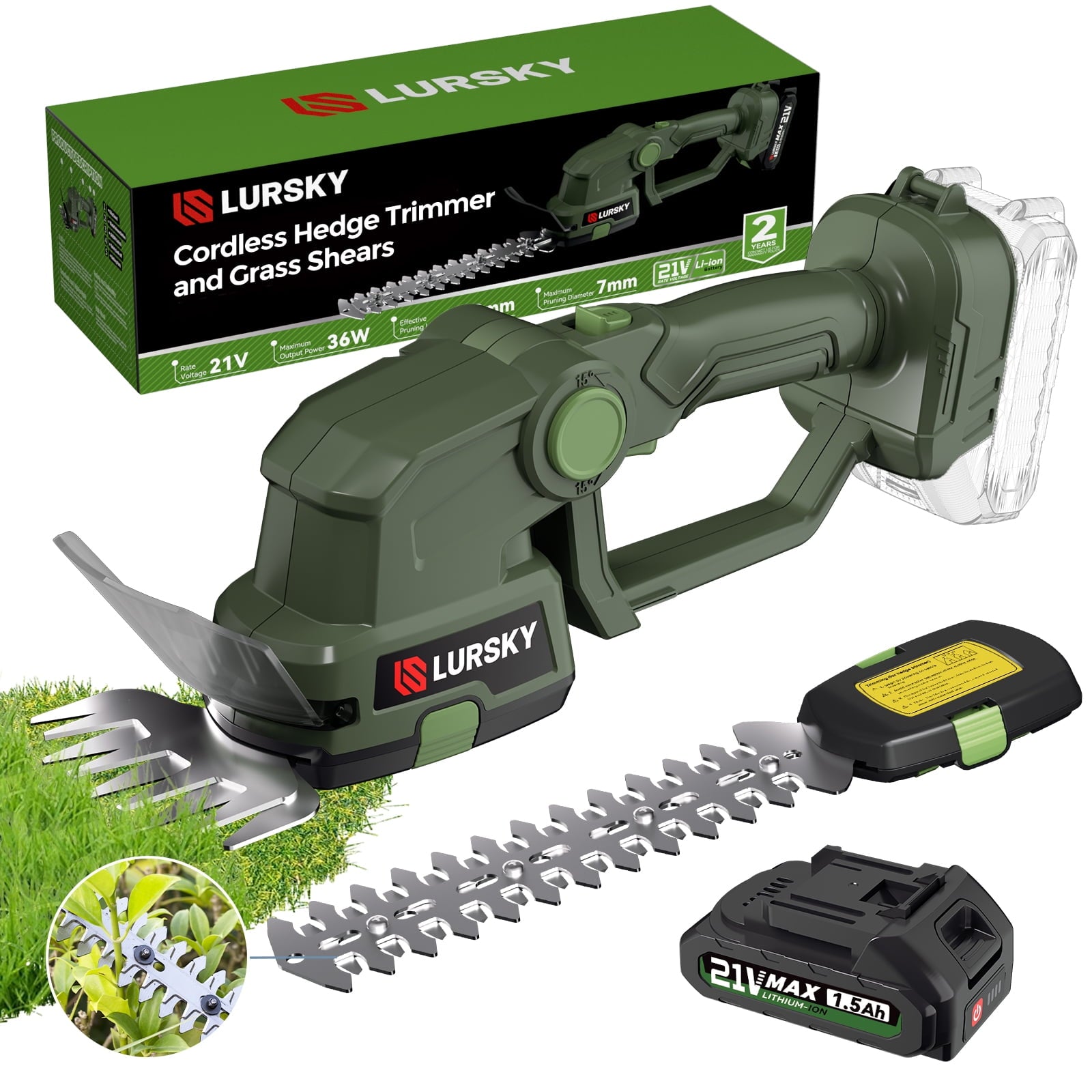 LURSKY Cordless Hedge Trimmer, 2 in 1 Handheld Grass Shear & Shrubbery Trimmer, 21V Electric Hedge Trimmer with Rechargeable Battery and Charger for Garden, Lawn, Green