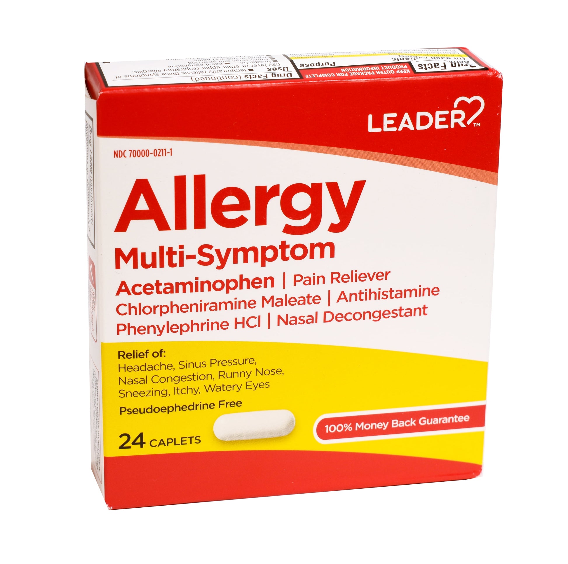 Leader Allergy Multi Symptom Acetaminophen Pain Reliever Caplets, 24 Ea, 6 Pack