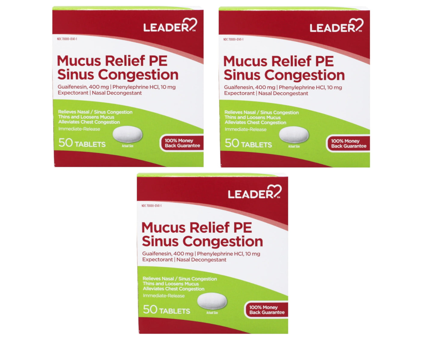 Leader Mucus Relief PE Sinus Congestion with Guaifenesin and Phenylephrine HCl, Nasal Decongestant, Alleviates Chest Congestion, 50 Tablets - 3 Pack